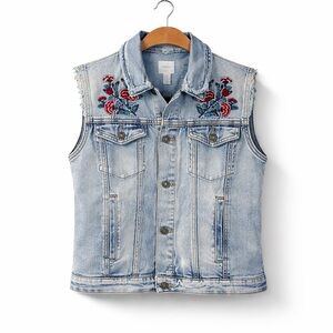FOREVER 21 Denim Vest Embroidered Floral Sleeveless Jacket Blue